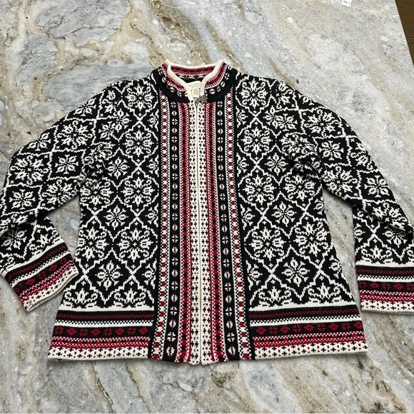 Appleseed’s “Northern Lights” Black/Red/White Long Sleeve Zip Cardigan Sweater - Picture 1 of 9